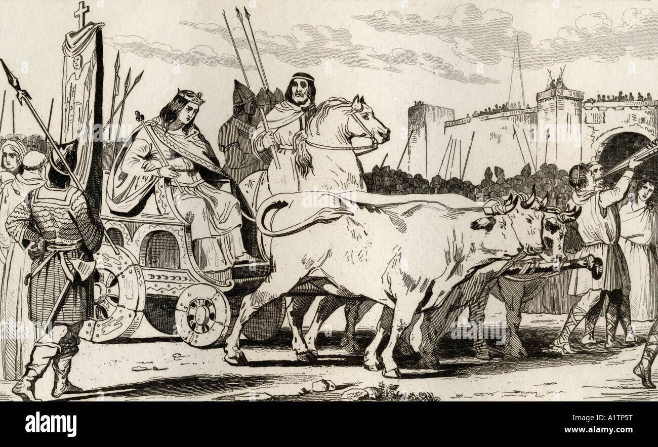 Clovis III, 682 - 695, dans un char tiré par l'oxen avec Pepin II de Herstal c 714, à côté de lui. Banque D'Images