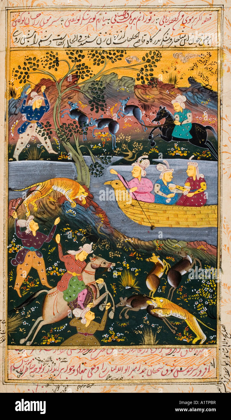 Peinture à partir d'un manuscrit persan du XVIIe siècle. Hommes à cheval chasse tigre et cerf Banque D'Images