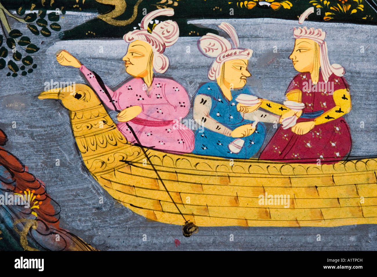 Détail d'une peinture du XVIIe siècle. Manuscrit persan. Hommes et femmes dans un bateau sur une rivière ou un lac. Homme pêchant du bateau. Banque D'Images