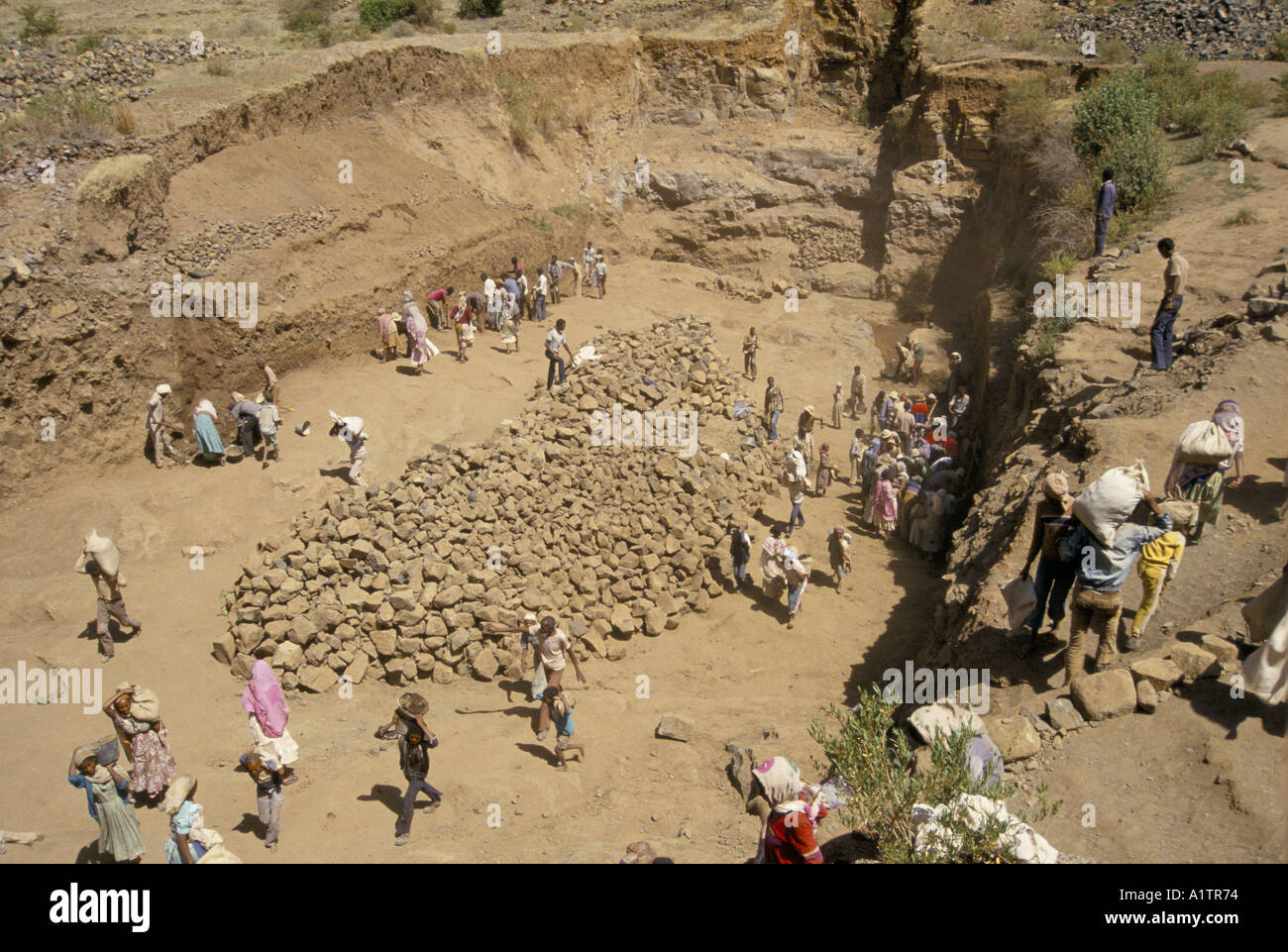 EX COMBATTANTS ET COMMUNAUTÉ LOCALE CONSTRUIRE UN BARRAGE POUR ÉVITER L'ÉROSION DES SOLS Banque D'Images