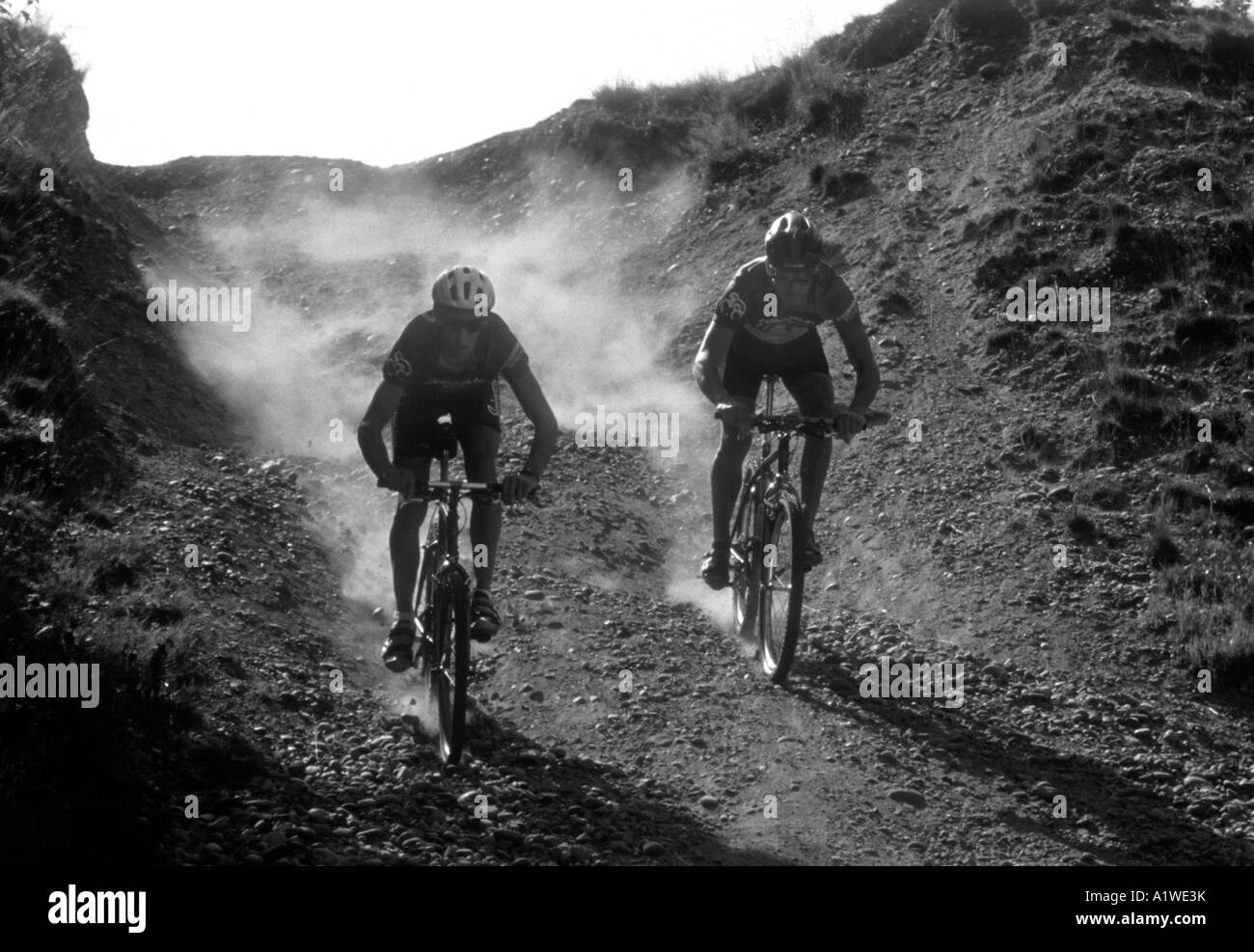 Mountain Bike Riders course vers le bas une campagne Hill dans le Staffordshire en Angleterre. Banque D'Images