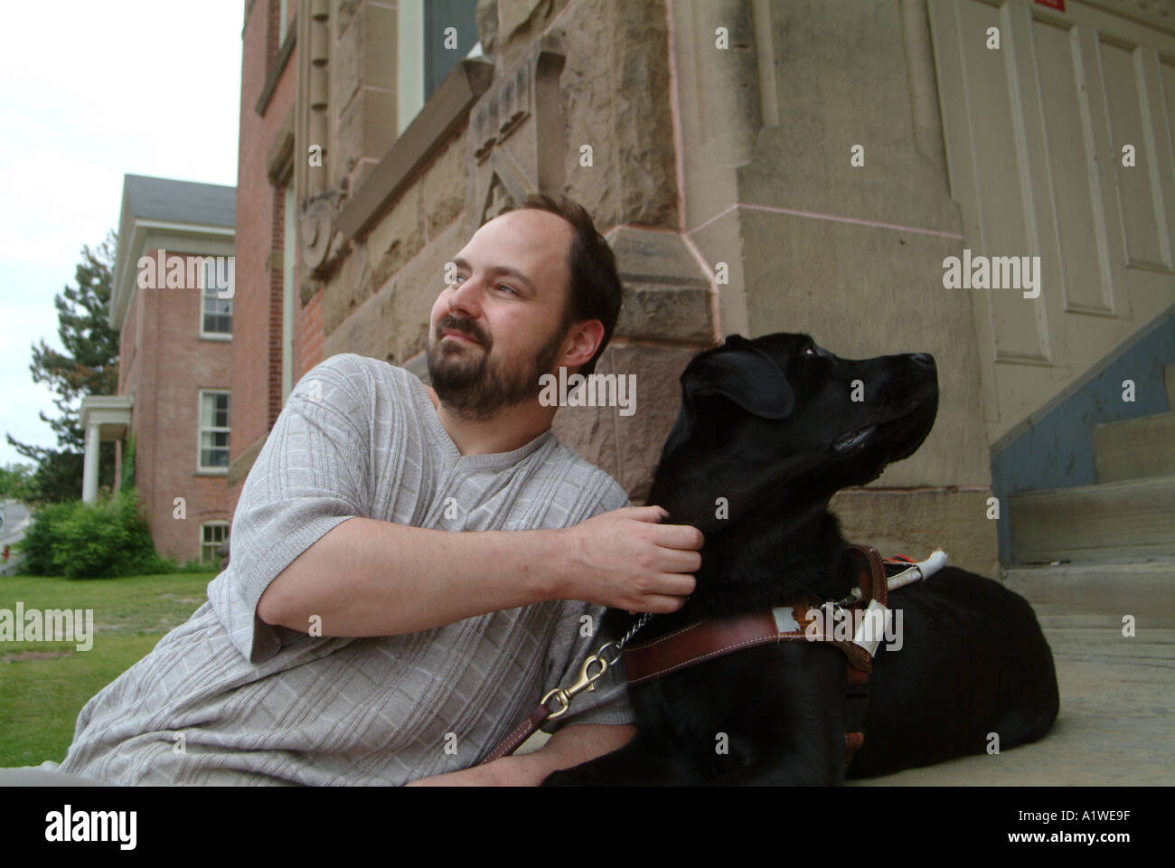 Yvan Tessier et son chien-guide sur les étapes de construction de l'Université du Nouveau-Brunswick Banque D'Images