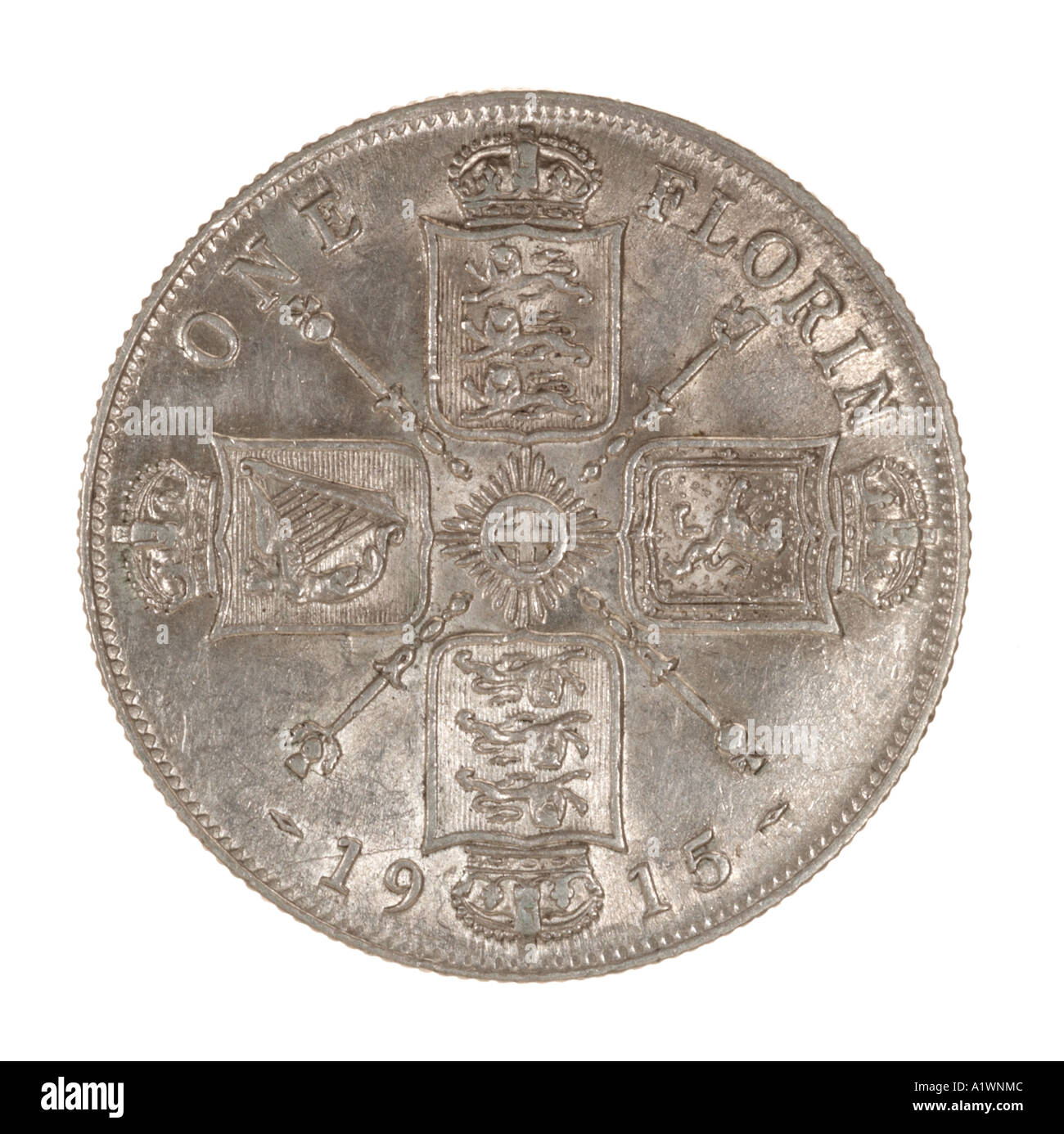 Le roi George V 6 Reg fid def décimal 2 florin pré shilling 24 vingt quatre vieux pence P 1915 lumineux d'argent cimier des armes armoiries omn rex Banque D'Images