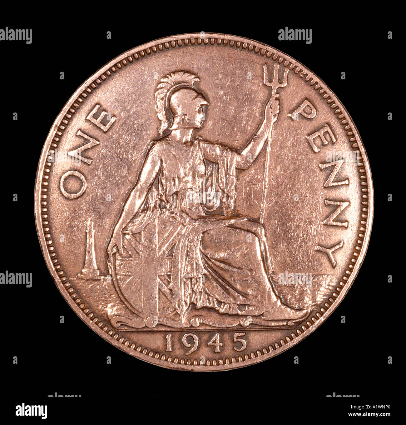 Le roi George VI Reg fid def 1 pré virgule un cent pence vieux cuivre P 1945 trident Britannia lumineux phare omn rex de bouclier Banque D'Images