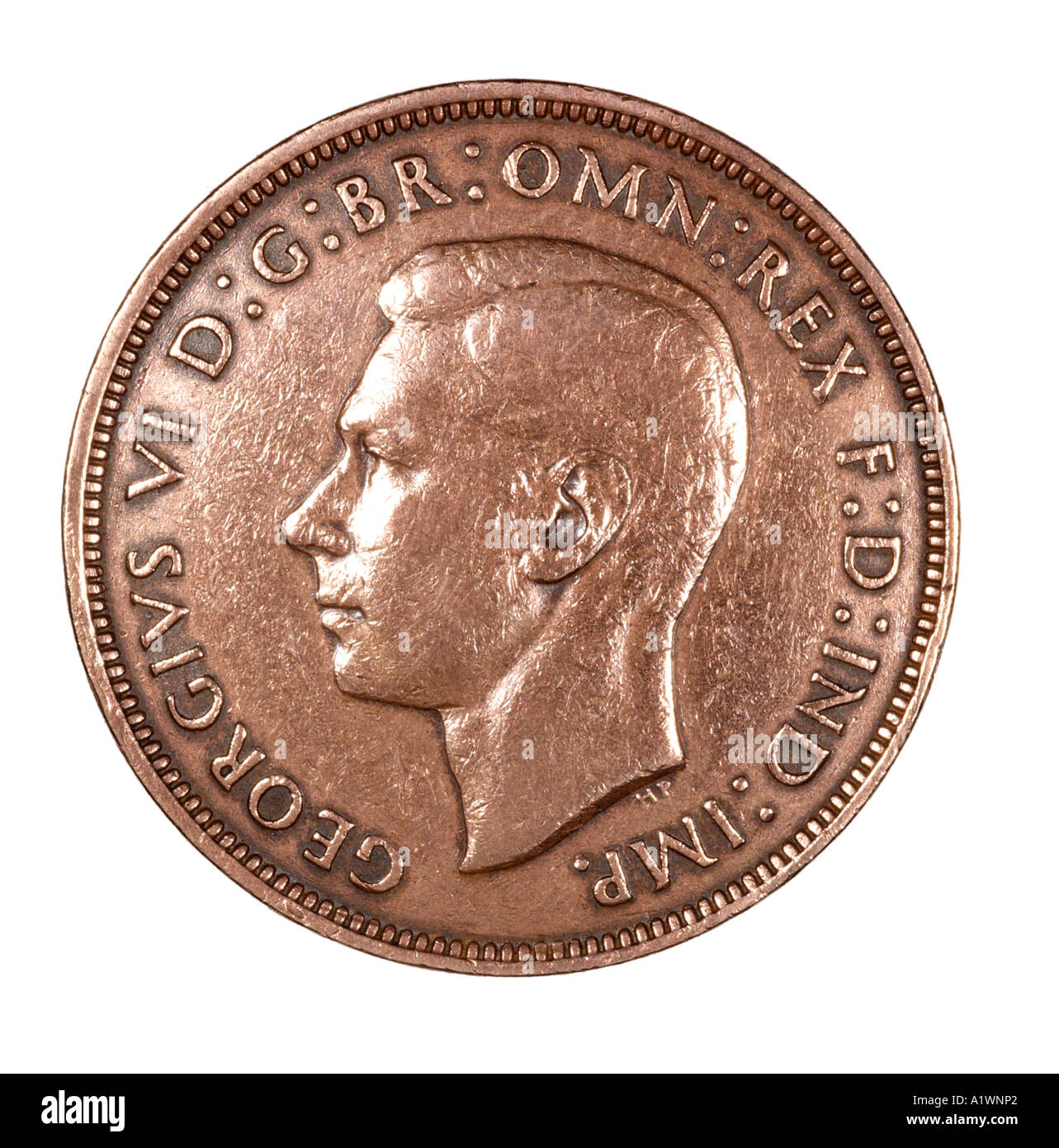 Le roi George VI Reg fid def 1 pré virgule un cent pence vieux cuivre P 1945 tête lumineuse laissée omn rex dei Banque D'Images