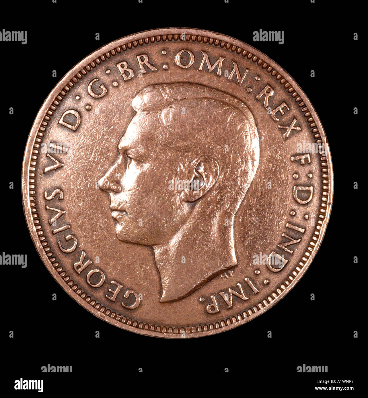 Le roi George VI Reg fid def 1 pré virgule un cent pence vieux cuivre P 1945 tête lumineuse laissée omn rex dei Banque D'Images
