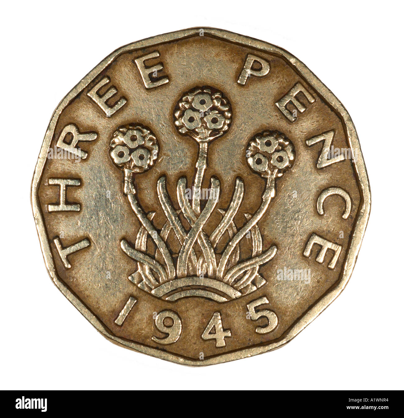 Le roi George VI Reg fid def 3 thrupence pré virgule trois pence penny vieille P 1945 usine de cuivre fleur lumineuse thrift gauche omn rex Banque D'Images