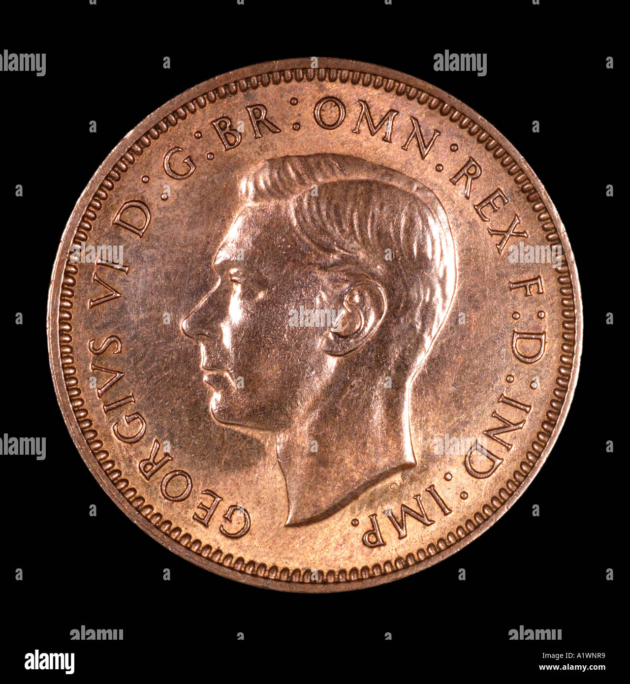 Le roi George VI Reg fid def trimestre pré virgule farthing penny vieille pence P 1949 tête lumineuse cuivre laissé omn rex dei Banque D'Images