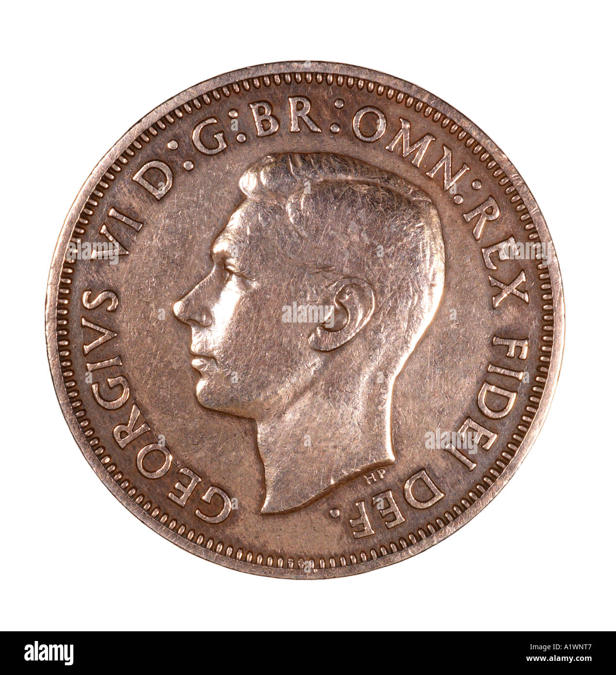 Le roi George VI Reg fid def demi-penny décimal avant old pence P 1949 tête lumineuse cuivre laissé omn rex dei Banque D'Images