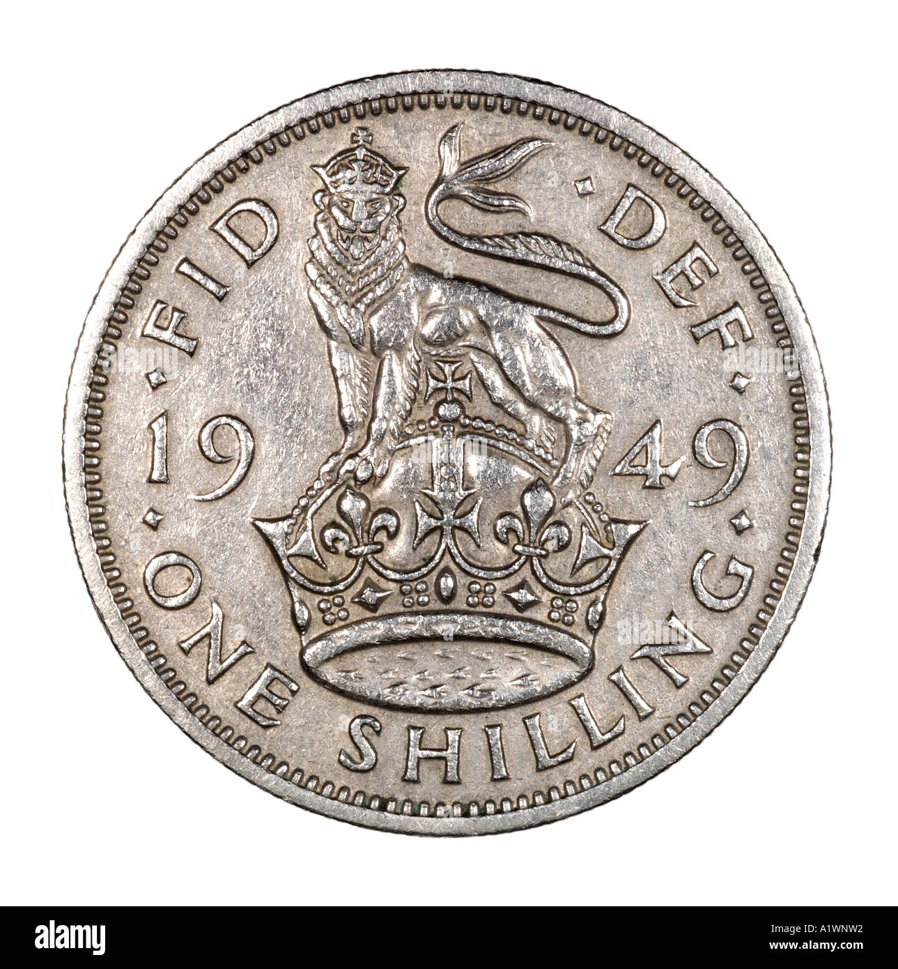 Le roi George VI Reg fid def 12 décimal avant douze pence vieux shilling face P 1949 silver sword lion lumineux couronne mace Banque D'Images
