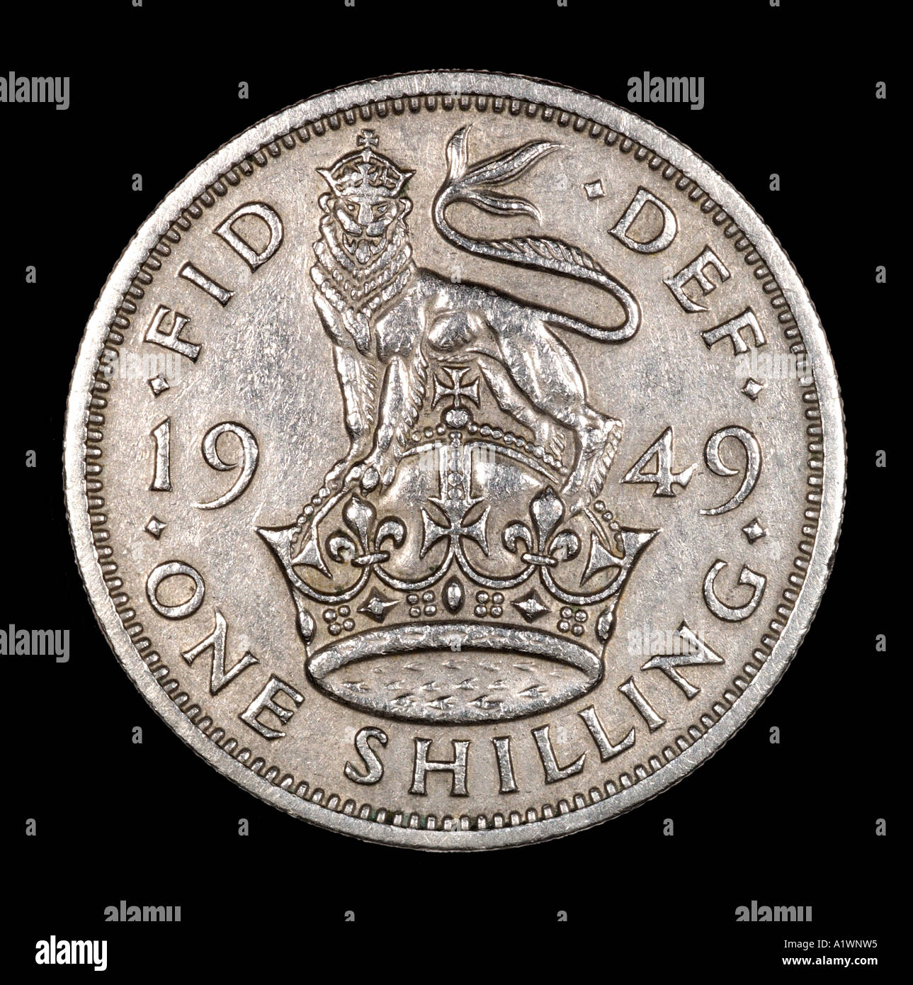 Le roi George VI Reg fid def 12 décimal avant douze pence vieux shilling face P 1949 silver sword lion lumineux couronne mace Banque D'Images
