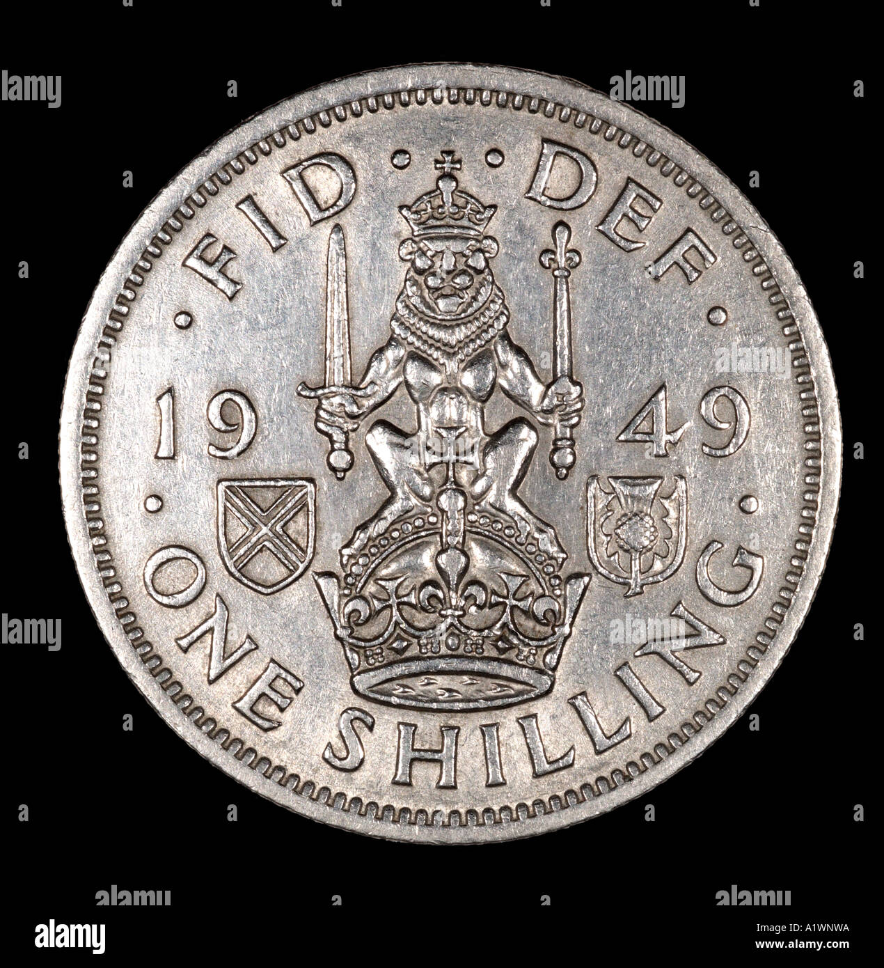 Le roi George VI Reg fid def 12 décimal avant douze pence vieux shilling face P 1949 silver sword lion lumineux couronne mace Banque D'Images