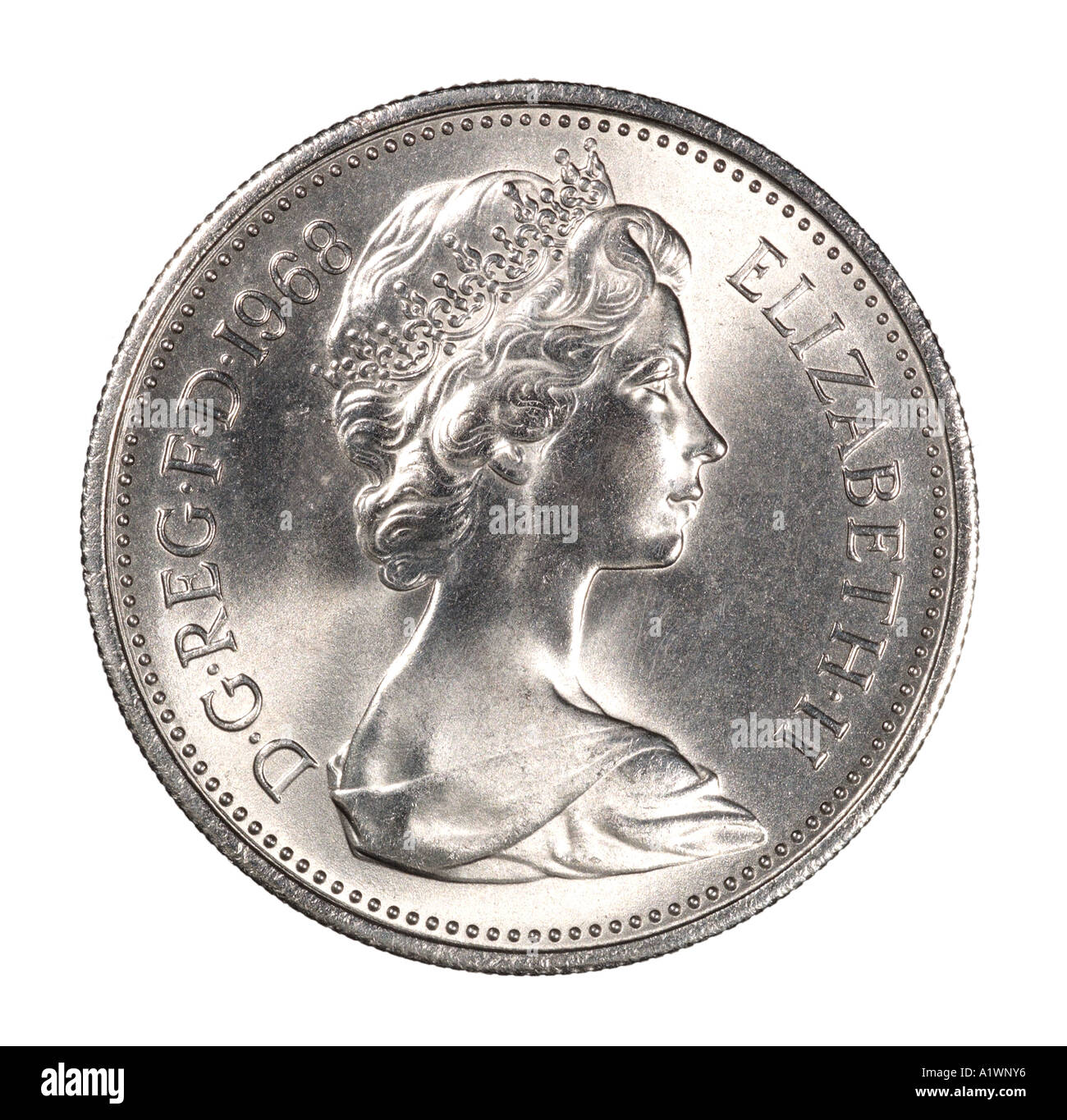 La reine Elizabeth II Regina Reg 2 virgule 5 cinq nouveaux pence P droit face aux jeunes de la couronne lumineuse argent profil Banque D'Images