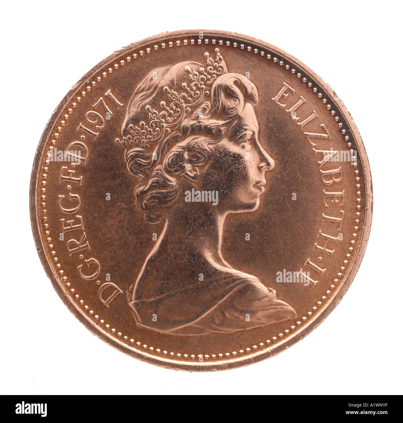 La reine Elizabeth II Regina Reg 2 virgule 1 un nouveau visage jeune pence P droit profil couronne lumineuse de cuivre Banque D'Images