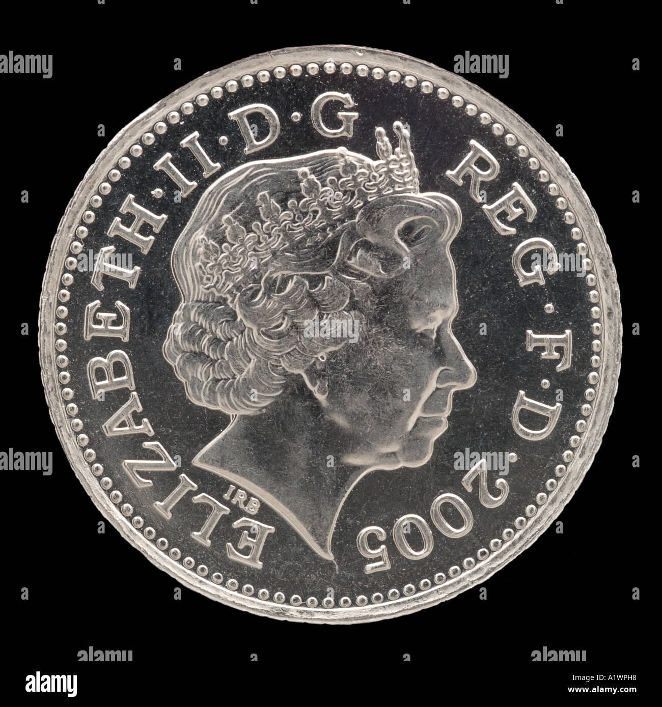 La reine Elizabeth II Regina Reg 2 virgule 5 cinq nouveaux pence P droit face aux jeunes de la couronne lumineuse argent profil Banque D'Images