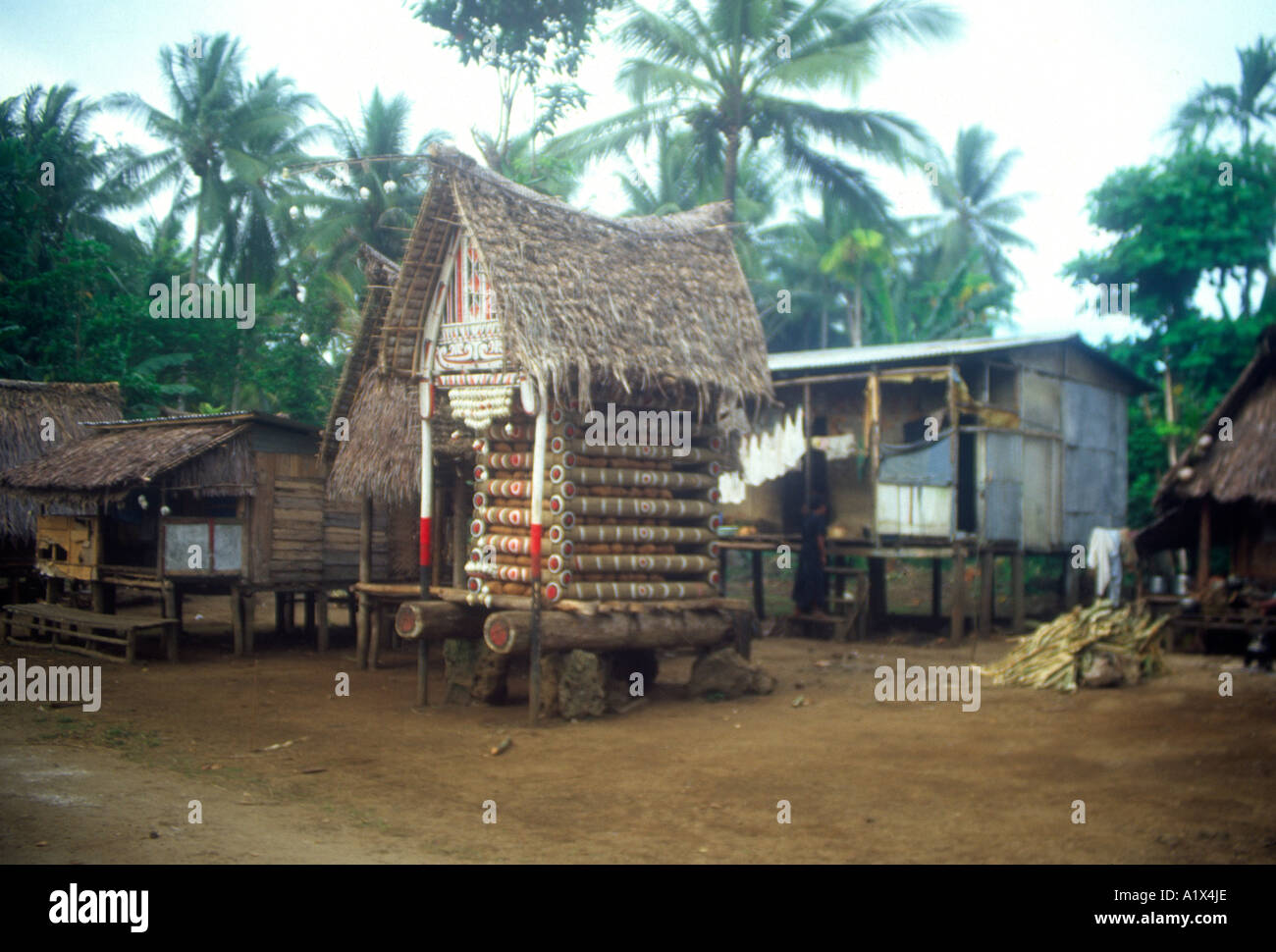 Le chef de la maison avec de l'igname décorées Maisons de village dont le chef de la tôle ondulée, îles Trobriand, Papouasie Nouvelle Guinée Banque D'Images
