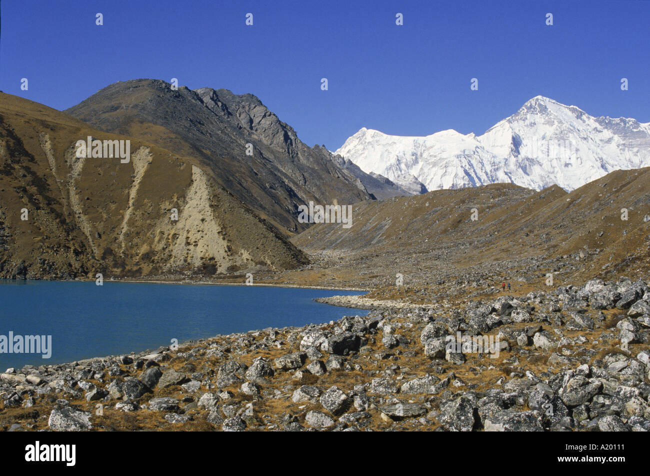 Longpanga avec Lac moraine latérale sur la droite dans la vallée de Gokyo en Asie au Népal Khumbu Himal J Green Banque D'Images