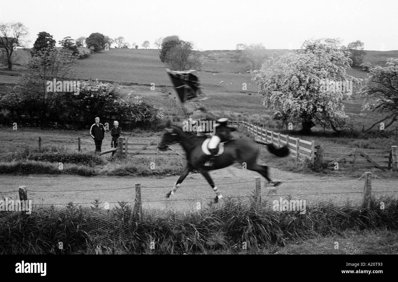 Cavalier galops jusqu'Nipknowes hill portant les couleurs de la ville au cours du pavillon Hawick Hawick circonscription commune semaine, Ecosse Banque D'Images