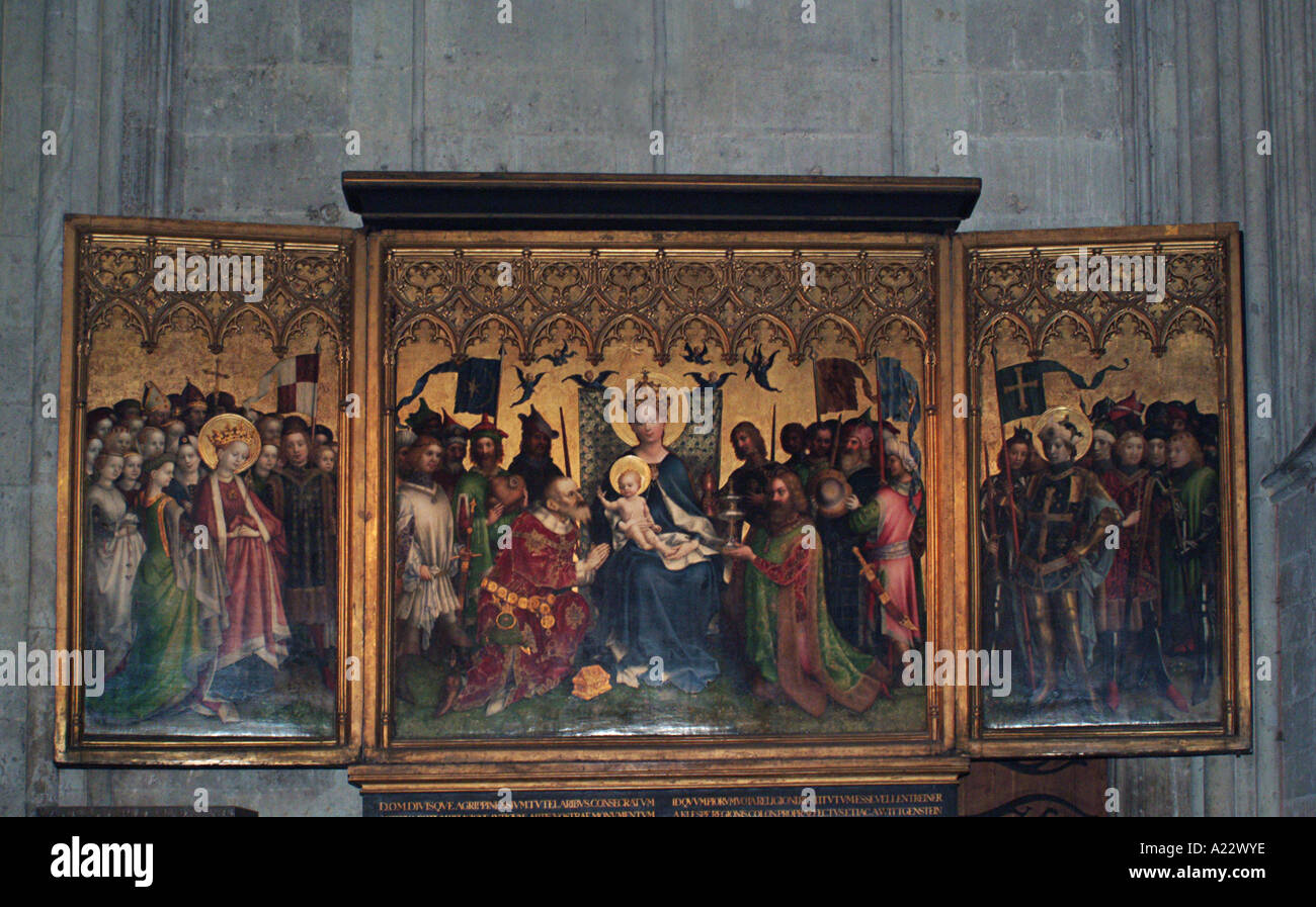 Peinture triptyque par Stefan Lochner de Mère Marie et l'Enfant Jésus, la cathédrale de Cologne, Allemagne Banque D'Images