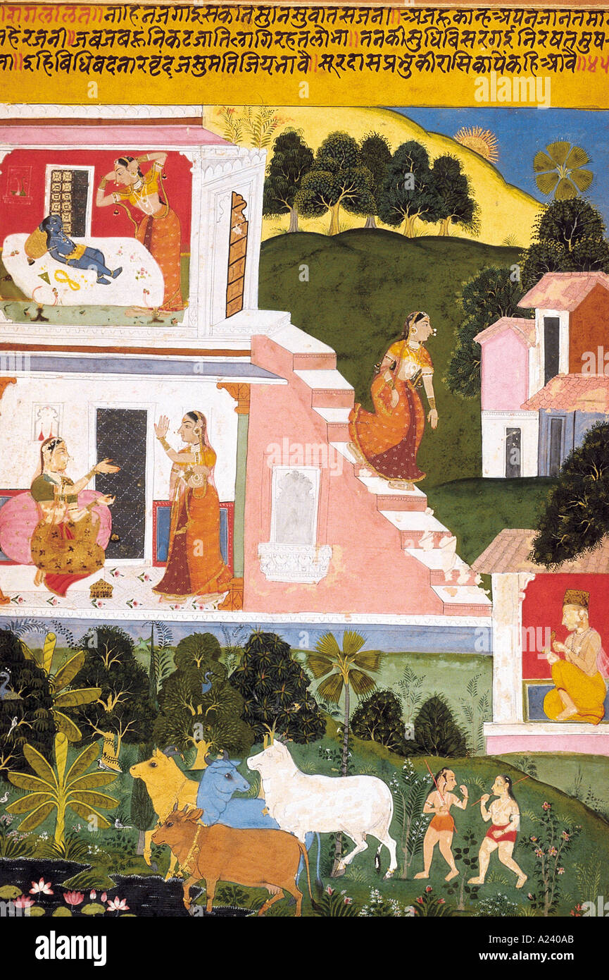 Kouyate éveille Krishna. La forme des scènes Sursagar. Mewar, Rajasthan, Inde. En date du : 1715 A.D. Banque D'Images