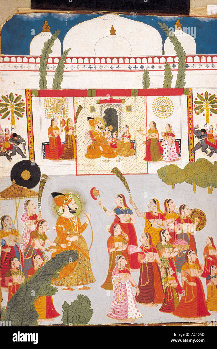 Sangram Singh II avec Courtesians. Mewar, Rajasthan, Inde. En date du : 1720 A.D. Banque D'Images