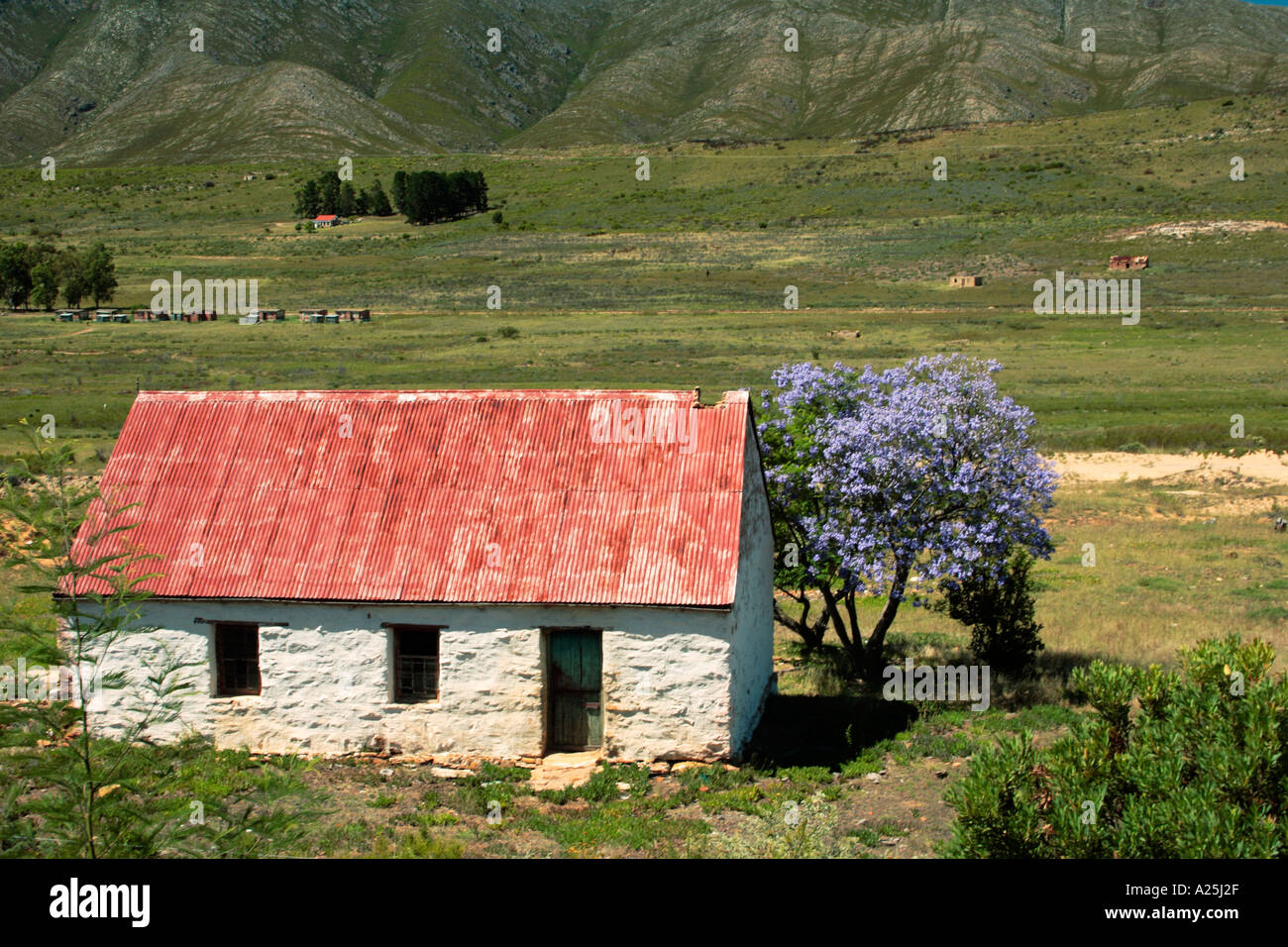 Ancien bâtiment de ferme rouge contre vert des montagnes de l'Afrique du Sud Garden Route Banque D'Images