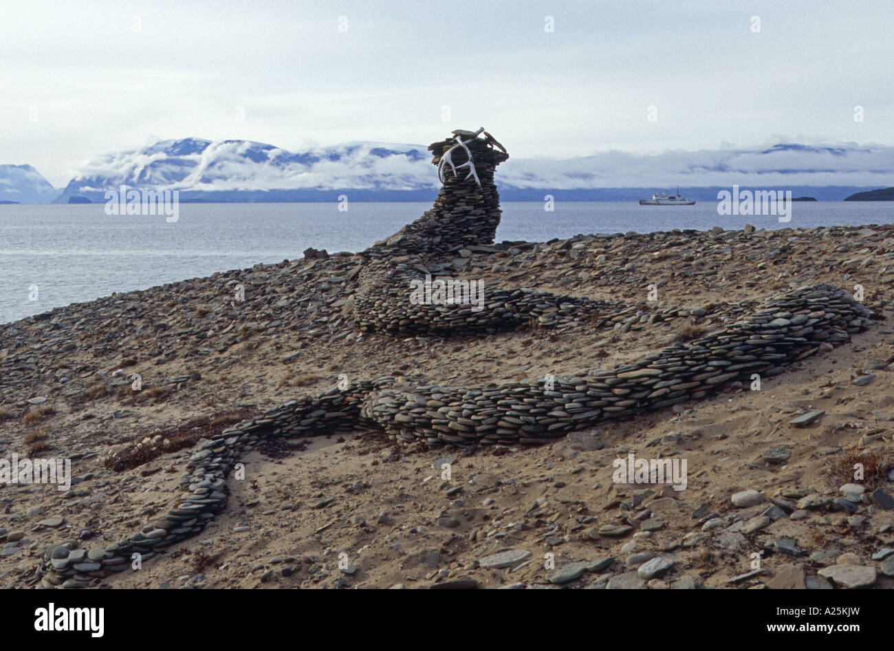 L'art de pierre à Holm Bugt, l'île de Traill, le Groenland, l'Est du Groenland, Groenland Nationalpark, Tunu Banque D'Images