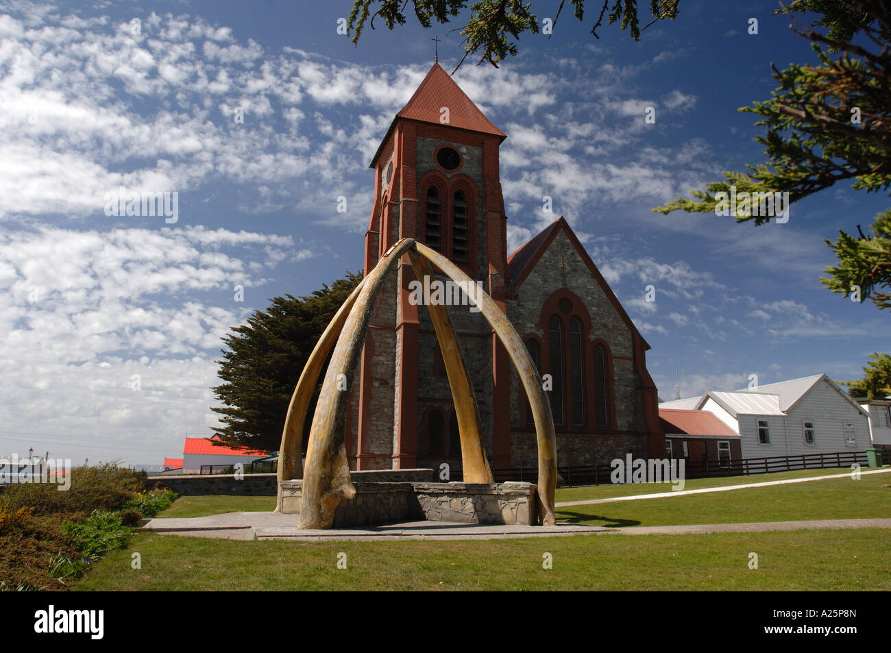 L'architecture arch os de baleine aux îles Falkland memorial ville port stanley squelette cathédrale bâtiment structure prière sainte Banque D'Images