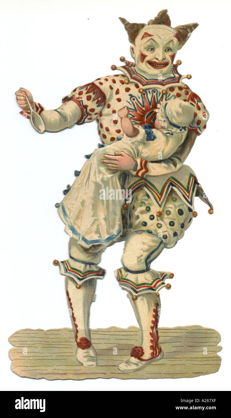 Clown de cirque et bébé die cut scrap vers 1880 Banque D'Images