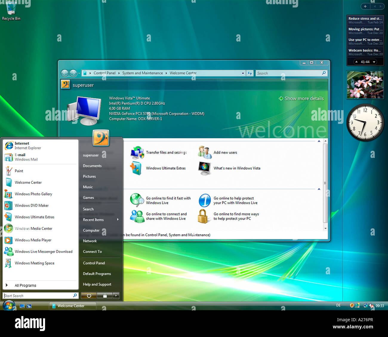 Microsoft Windows Vista, version anglaise, du bureau et du menu Démarrer,  capture d'écran Photo Stock - Alamy