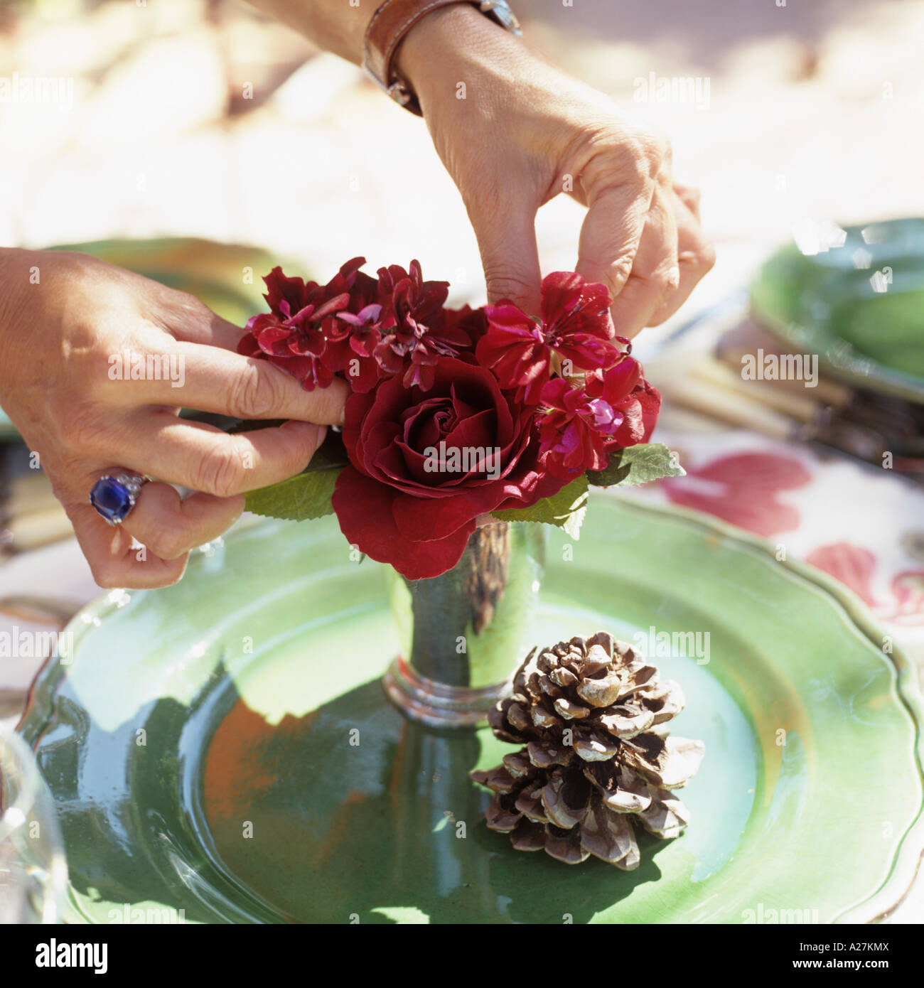 Woman's hands organisant une rose dans un petit vase Banque D'Images