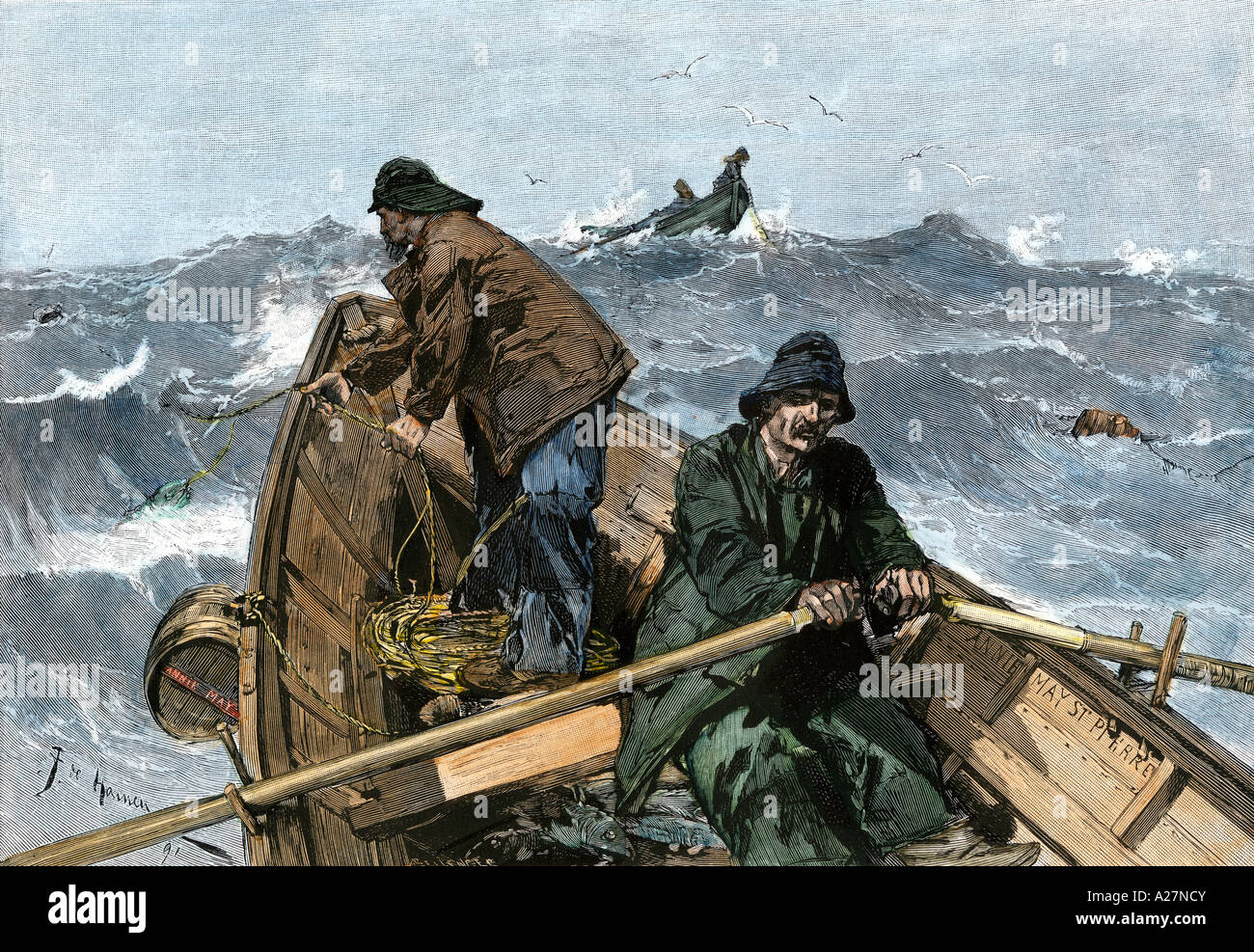 Les pêcheurs dans un doris sur les Grands Bancs de Terre-Neuve de 1880. À la main, gravure sur bois Banque D'Images