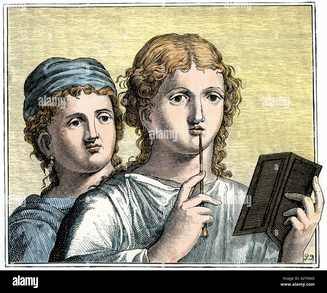 Les filles avec l'écriture met en œuvre dans la Rome antique. À la main, gravure sur bois Banque D'Images