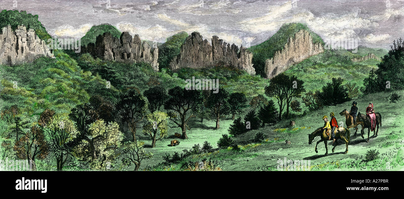 Centre d'affaires dans les montagnes des Appalaches près de Moorfield Virginie de l'Ouest. À la main, gravure sur bois Banque D'Images