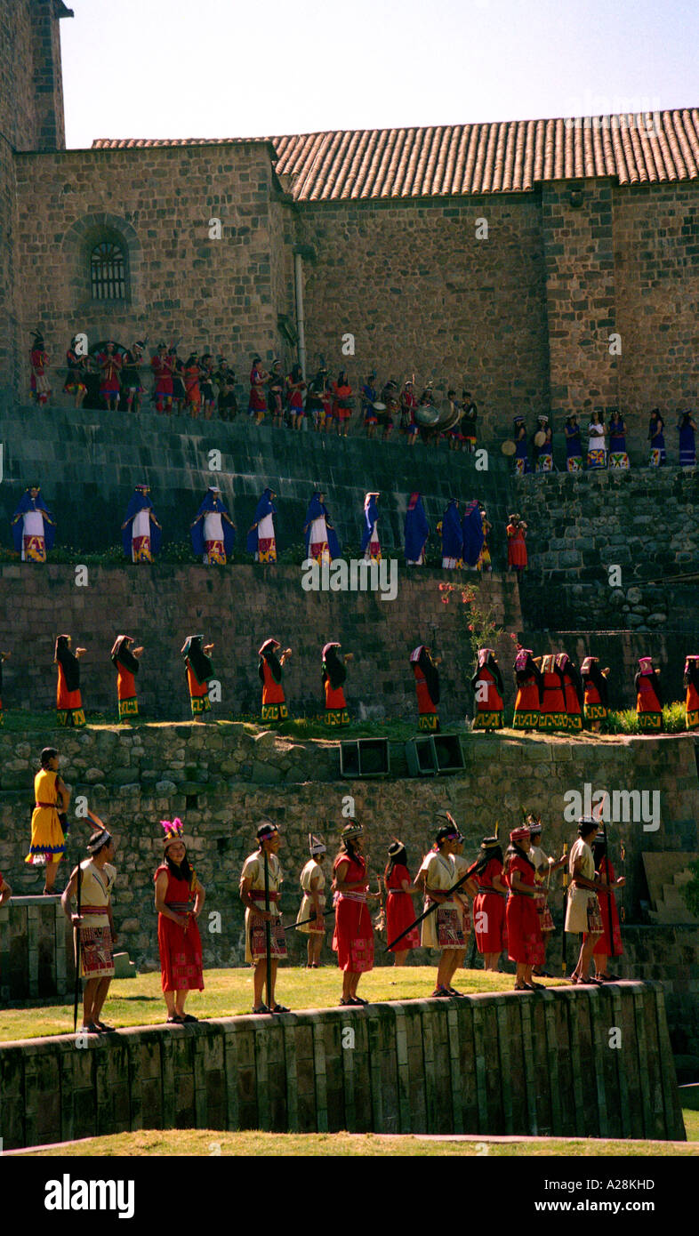 Reconstitution de l'Inti Raymi, fête du Soleil Inca Coricancha au temple, Cuzco, Pérou Banque D'Images