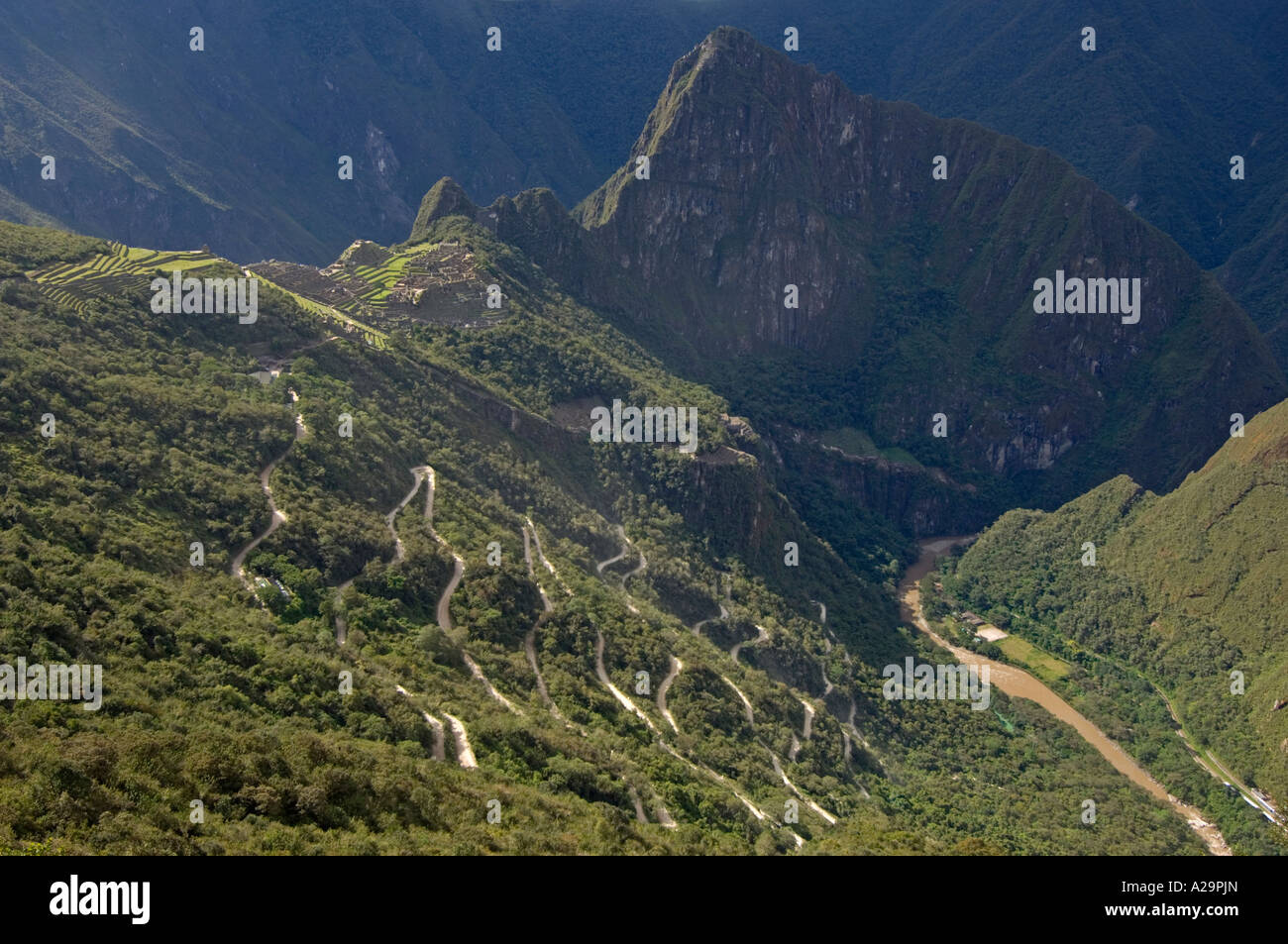 Une vue présentant l'ensemble de l'ancien site Inca de Machu Picchu y compris la route menant, extrait de l'ONU "Gate". Banque D'Images