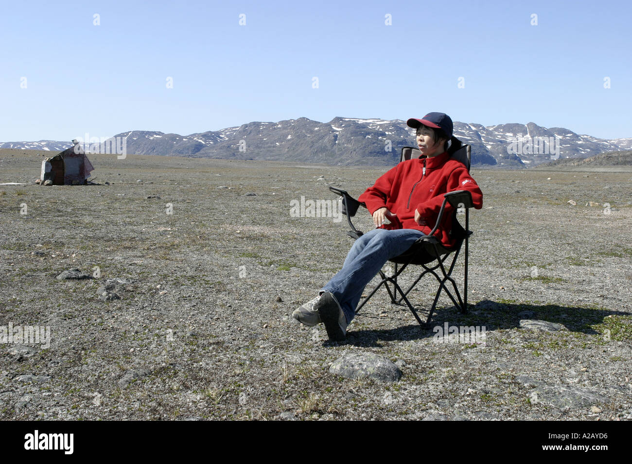 Femme chinoise au camp du son de New York l'île de Baffin, Nunavut Banque D'Images