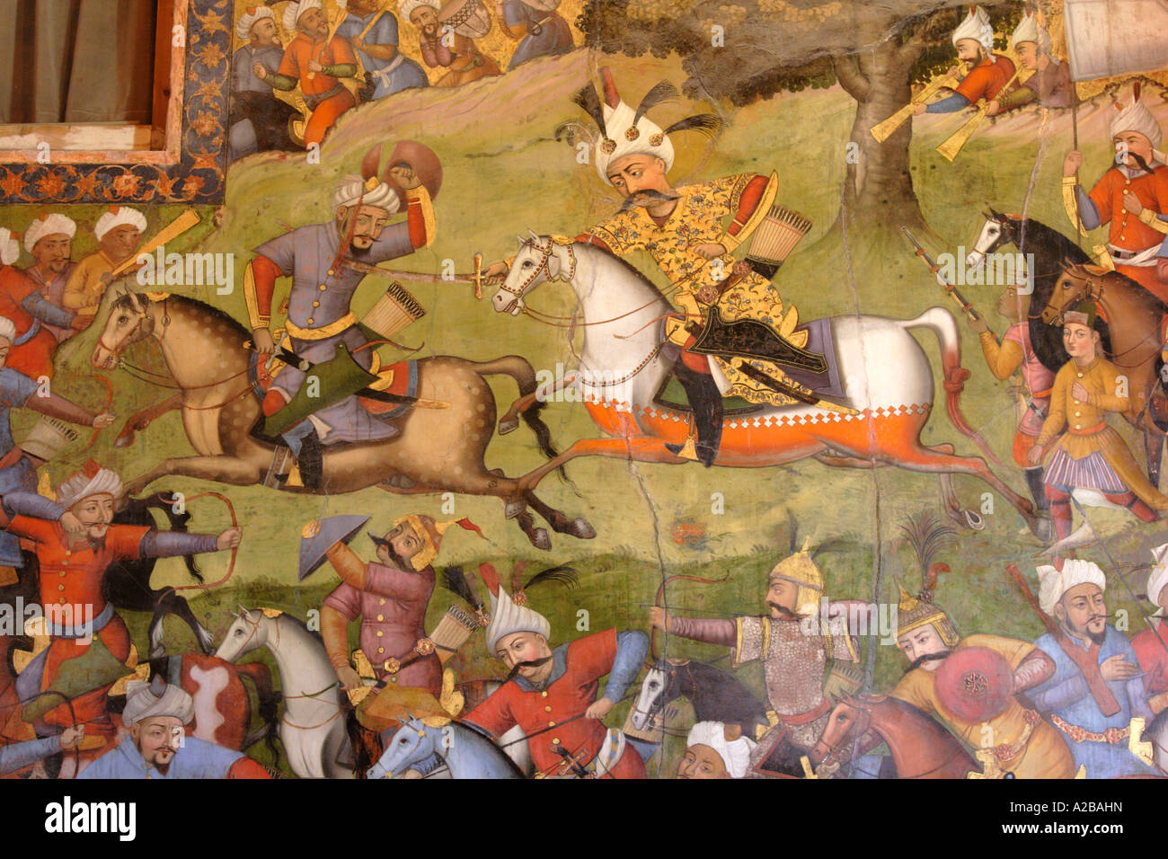 Fresque au palais Chehel Sotoun montrant la bataille entre Shah safavide et Sheibak Esmaeel Khan l'Ouzbek, Isfahan, Iran Banque D'Images
