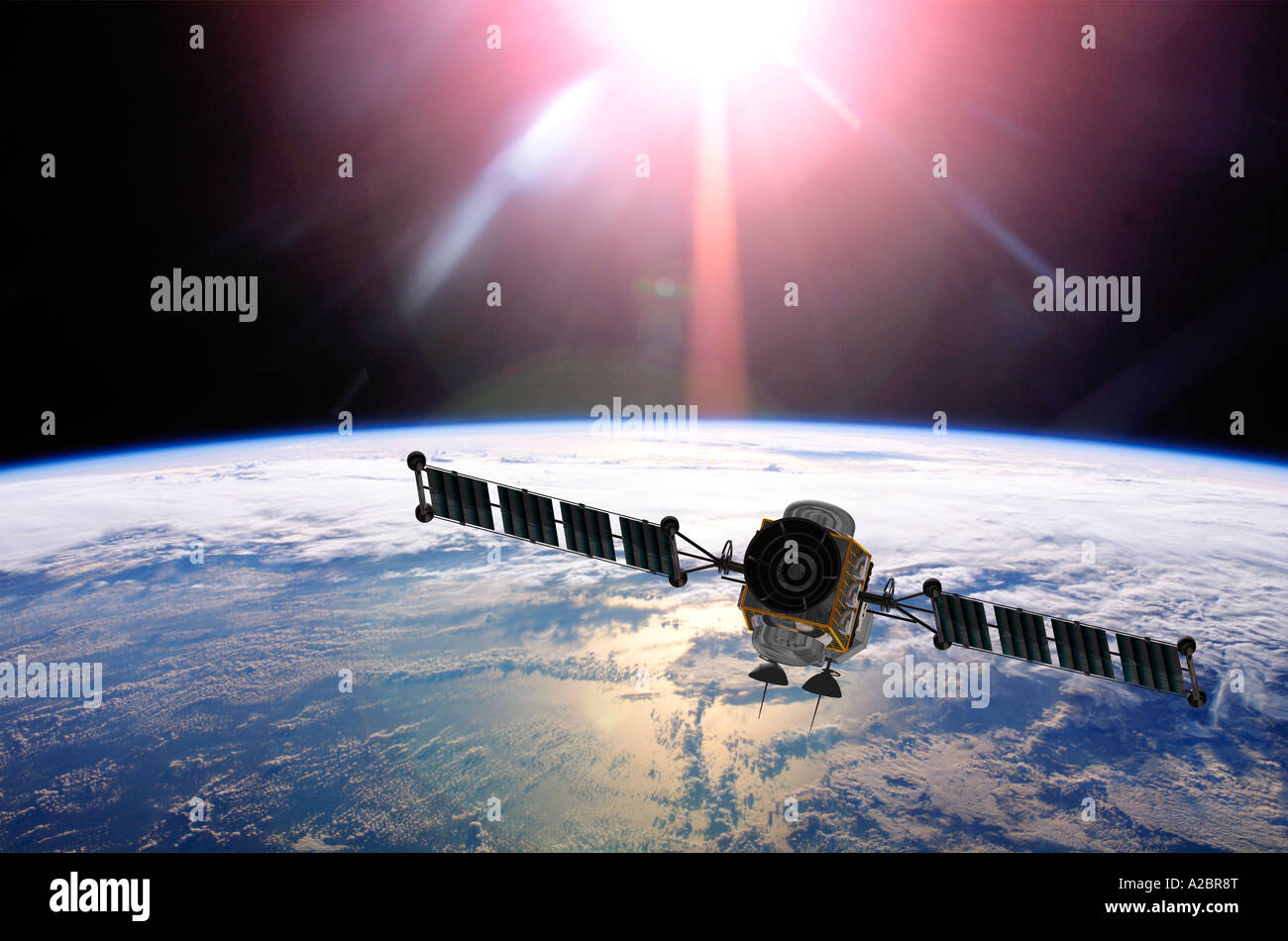 Le Rendu 3D d'un satellite au-dessus de la Terre, pointant vers le soleil Banque D'Images