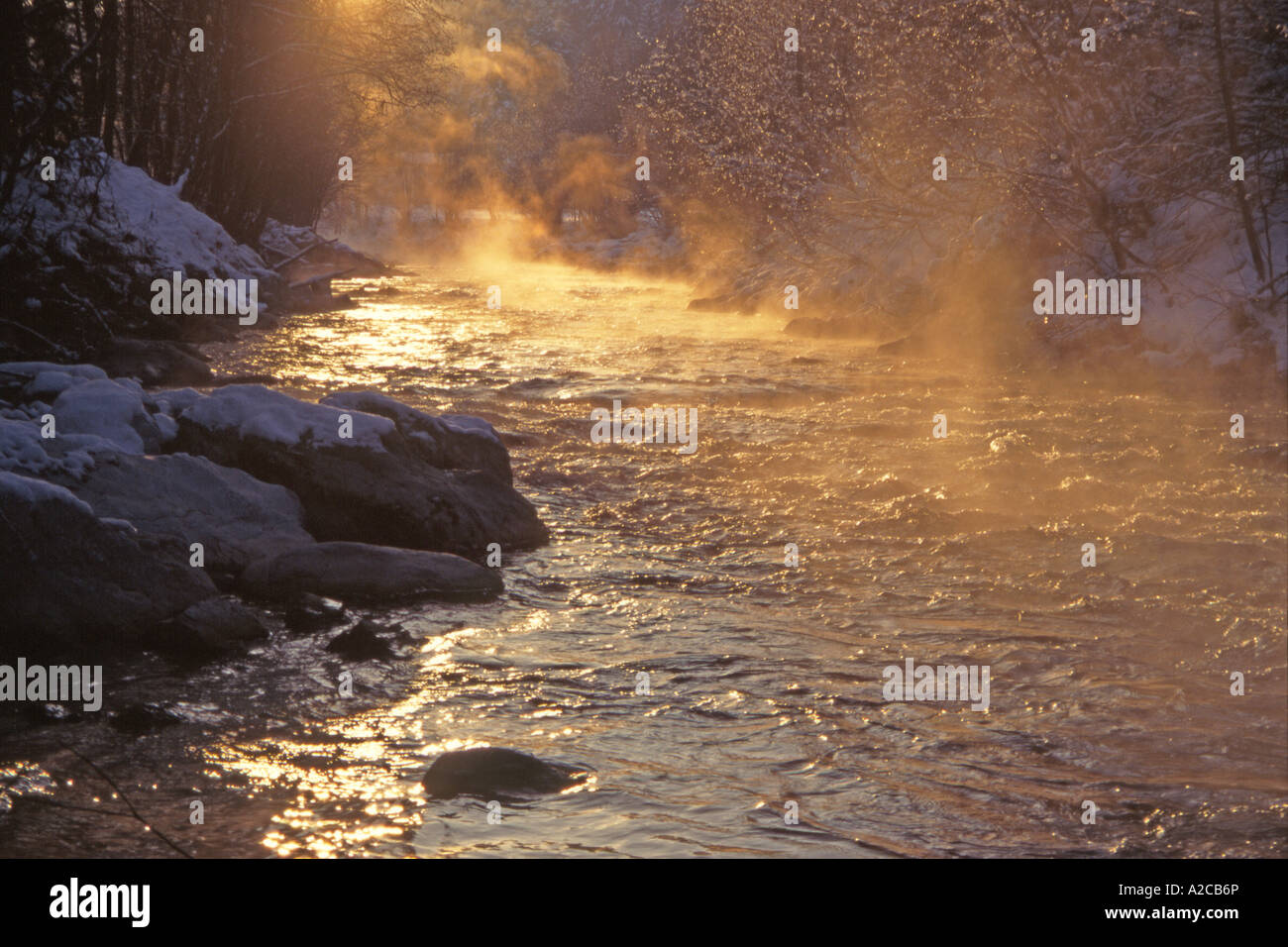 Brume sur un ruisseau en hiver Tyrol, Autriche Banque D'Images