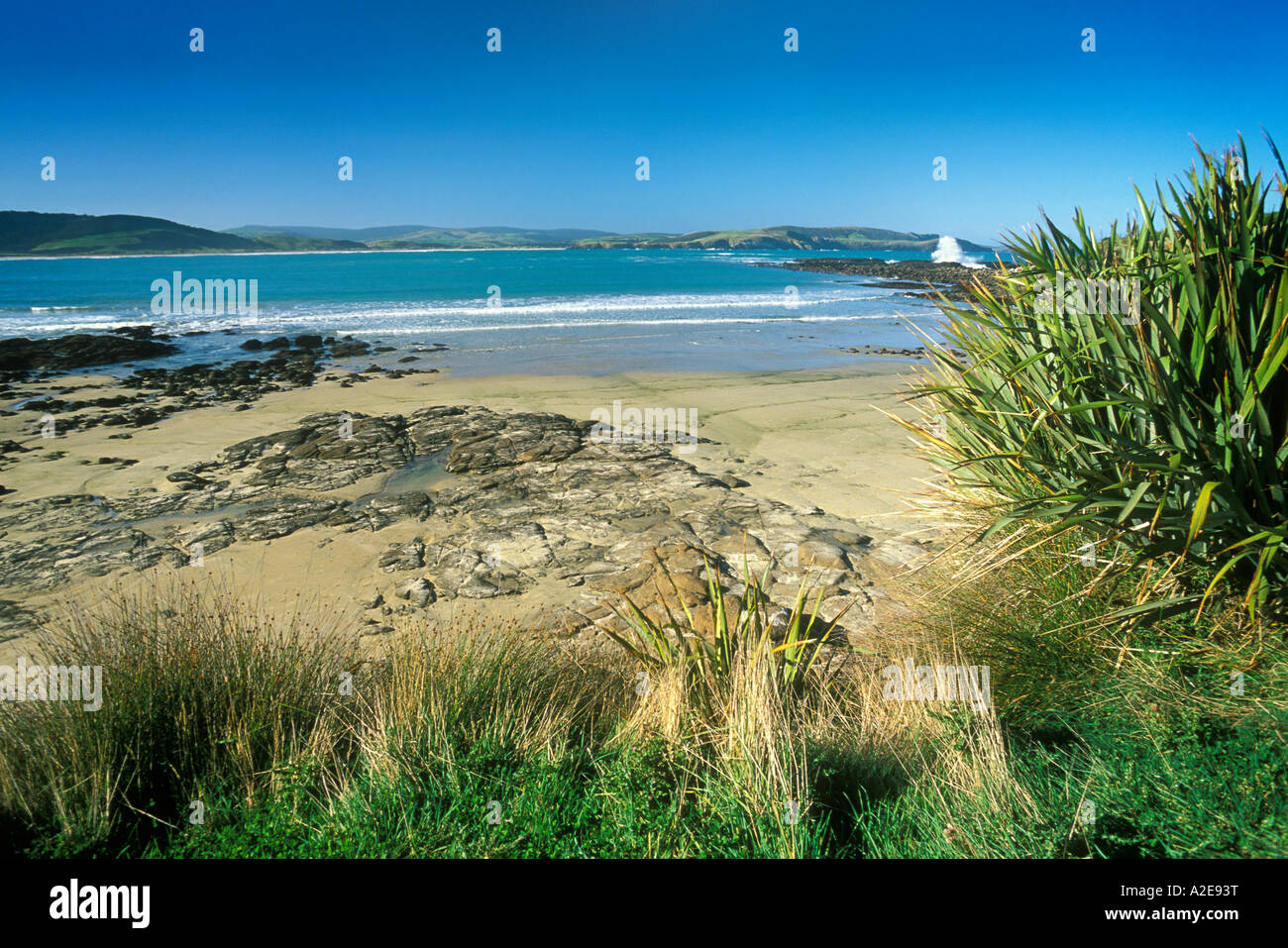 Porpoise Bay où de rares dauphins Hectors les mondes plus rares peuvent être vus près de l'Otago Waikawa Catlins ile sud Nouvelle Zelande Banque D'Images