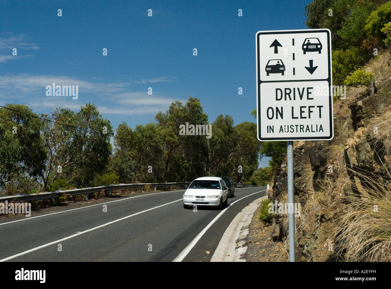 Conduire à gauche sign Great Ocean Road Great Otway National Park Victoria Australie Banque D'Images