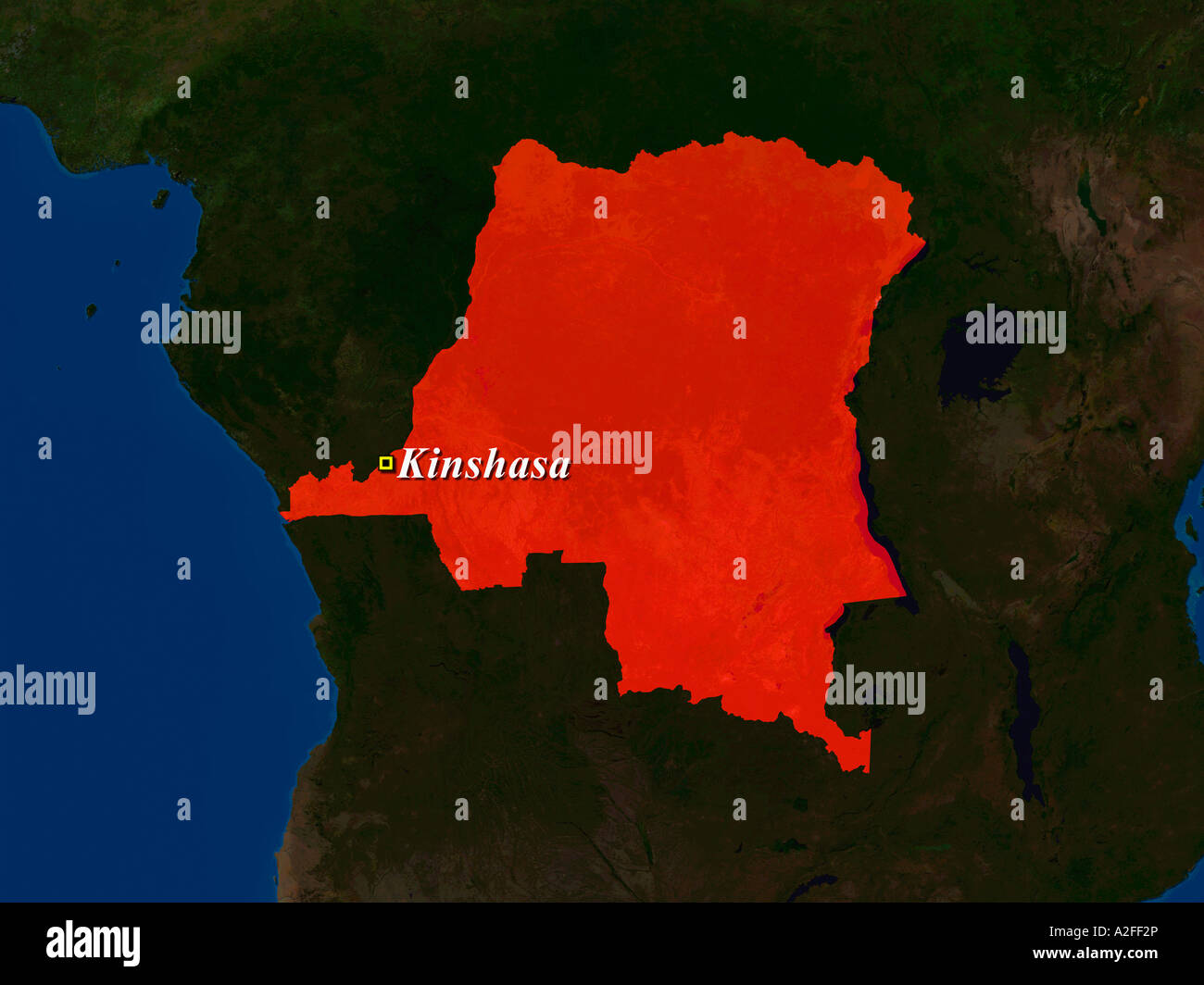 A mis en relief Image satellite de la République démocratique du Congo avec Capitale Kinshasa illustré Banque D'Images