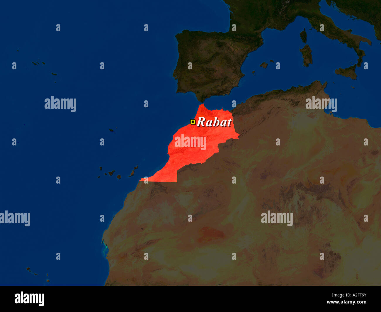 Image satellite du Maroc a souligné avec capitale Rabat illustré Banque D'Images