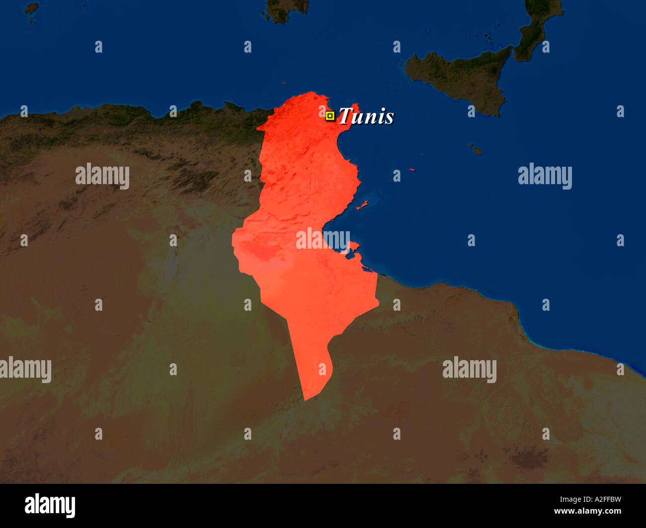 Image satellite de Tunisie en surbrillance avec capitale Tunis illustré Banque D'Images