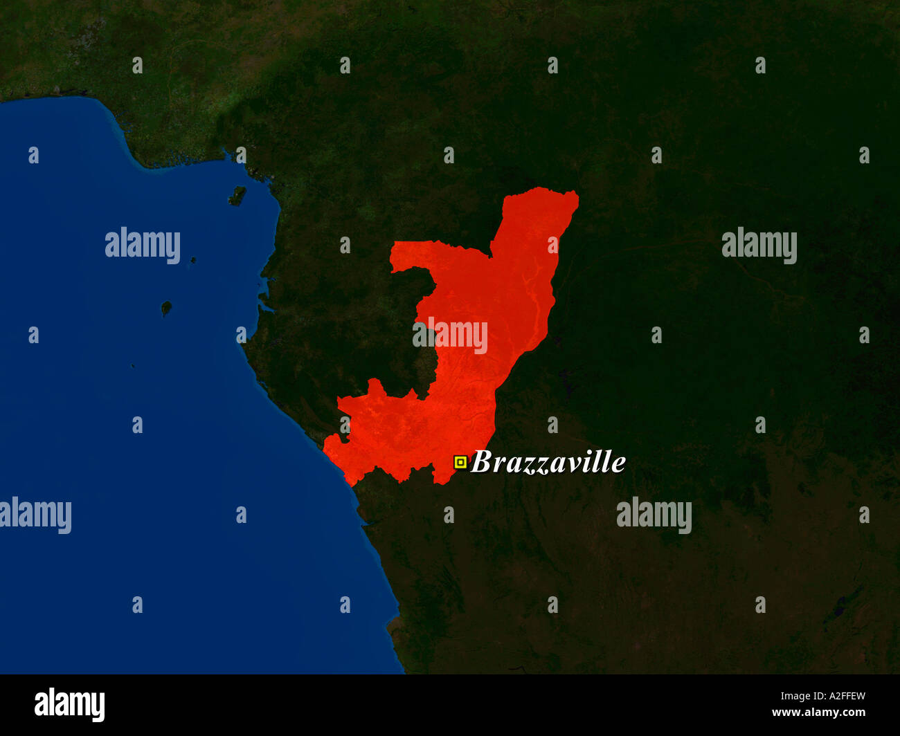 Image satellite en surbrillance du Congo avec la capitale Brazzaville illustré Banque D'Images