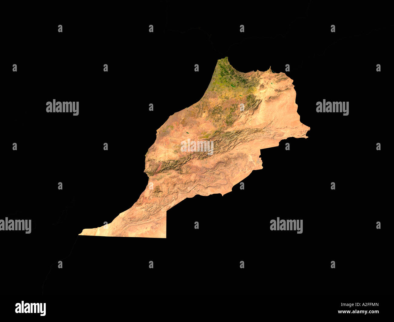 Image satellite en surbrillance du Maroc sans les pays indiqués Banque D'Images