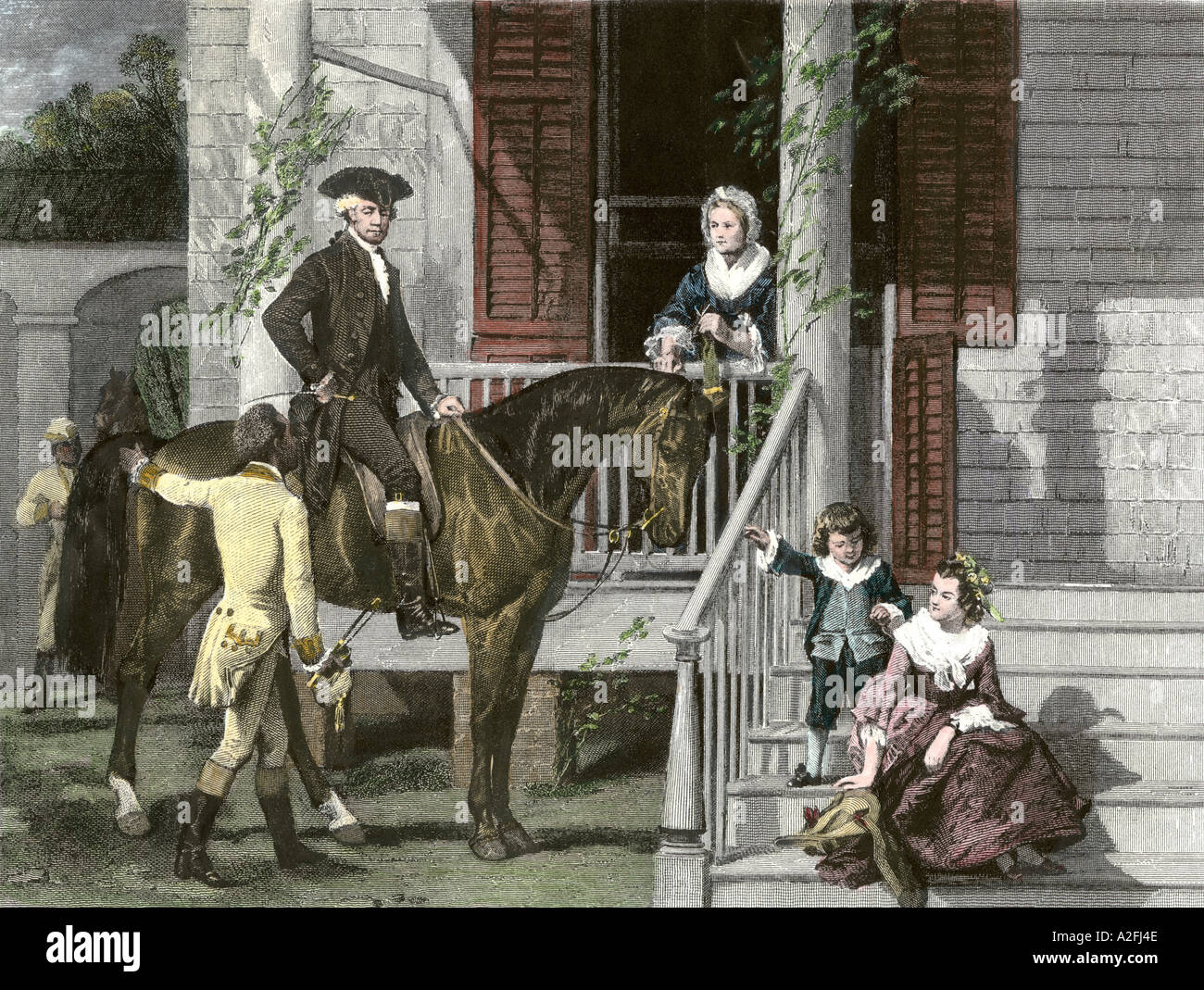 George Washington et sa famille à leur domicile de Mount Vernon en Virginie. À la main, gravure sur bois Banque D'Images