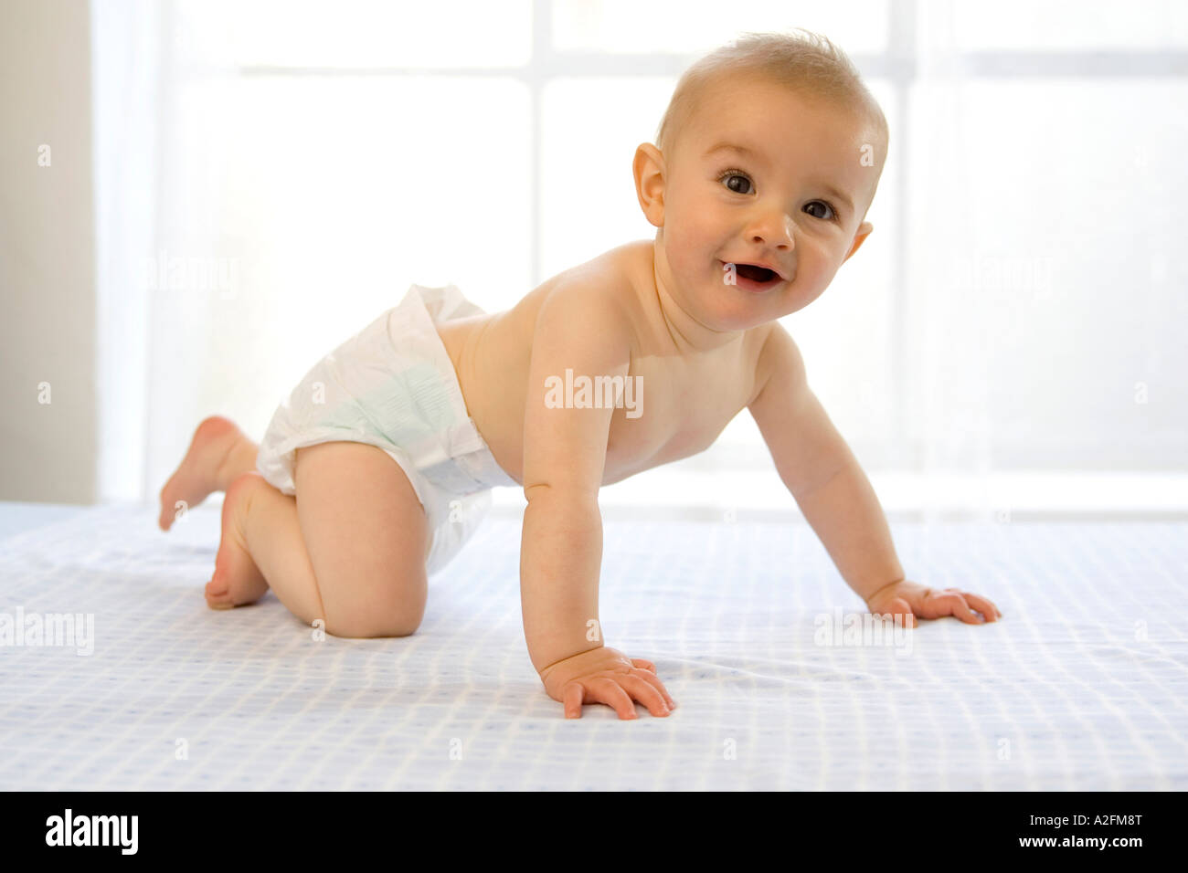 Bébé garçon (6-12 mois) ramper, rire, side view Banque D'Images