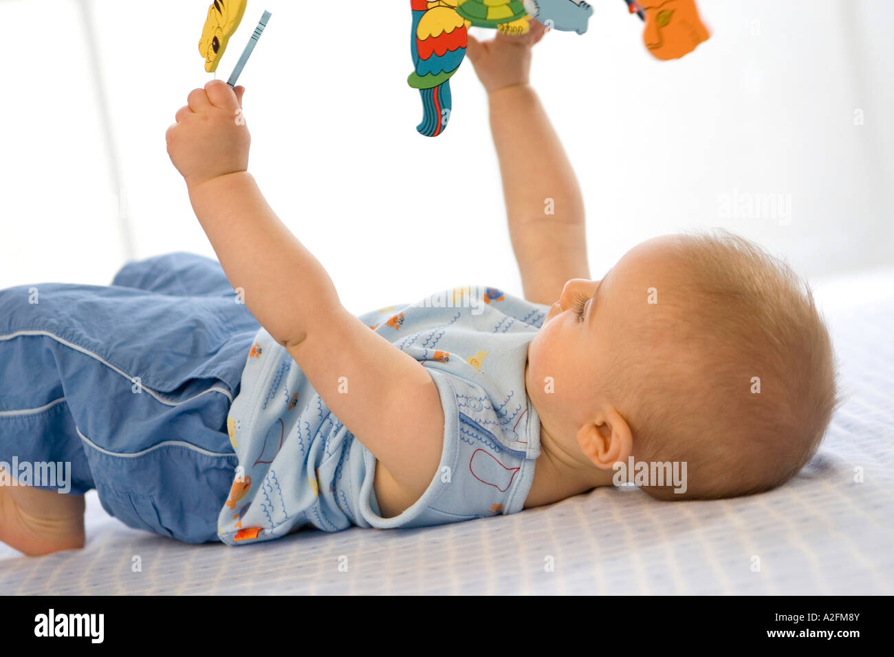 Bébé garçon (6-12 mois) allongé sur le dos, holding toys Banque D'Images